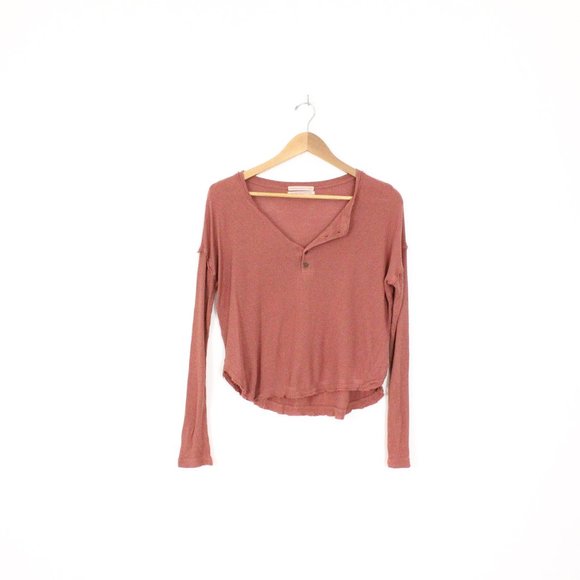 *Urban Outfitters Dusty Pink Relaxed Cozy Waffle-Knit Henley Tunic Top - Picture 1 of 4